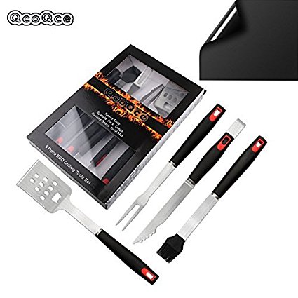 5 Piece BBQ Tools, QcoQce Grill Sets Premium Stainless-Steel Barbecue Grilling Utensils - Tongs, Meat Fork, Basting Brush, Non-Stick BBQ Mat, and Spatula