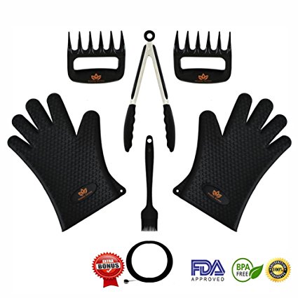 WEALTHY KITCHEN BBQ Tool Set – includes Heat Resistant Thick Grilling Gloves, Bear Paws Meat Claws, Silicone Tongs and Brush, plus Egg Rings – Super Value Combo Kit 7 pcs for Grill, BBQ, Kitchen