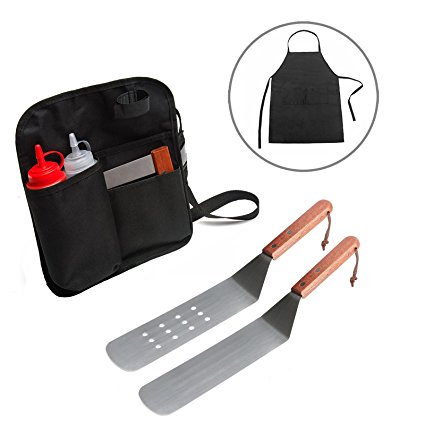 Monbix Griddle Accessories, 7 Pcs Upgraded BBQ Tool Kit, 5 piece Stainless Steel Griddle and Grill Spatulas Cleaning Tools with Belt Bag and Apron, Great for Flat Top Cooking, Camping and Tailgating