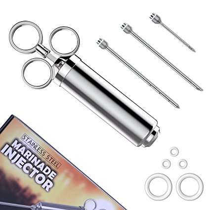 Marinade Meat Injector Kit with 2-Oz Stainless Steel Seasoning Injector + 3 Marinade Needles + 5 Extra O-rings - Flavor Injector Cooking Food Syringe Set for BBQ Turkey Poultry by CaCaCook