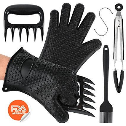 7PCS BBQ Tool Kit Silicone BBQ /Cooking Gloves -Pulled Pork Claws -Kitchen Tongs -S Hook for Gloves - Silicone Basting Brush Set for Cooking, Grilling, Baking, Barbecue Black