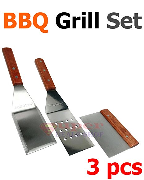 AceroWare 3pc BBQ Grill Set Turner Spatula Grill Spatula Chopper Scraper Griddle Scrapper for BBQ Grill Teppanyaki Griddle Camping Pancake Turner Super-Deals-Shop