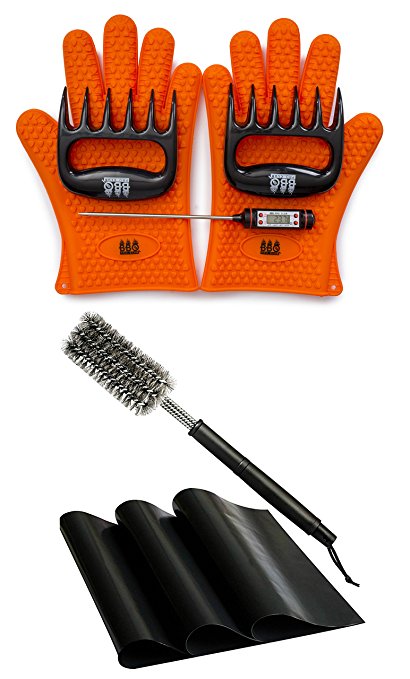 2 BBQ Gift Sets Combined! Set Number One - 2 BBQ Gloves, 2 BBQ Meat Claws and 1 BBQ Meat Thermometer. Set Number Two - 1 BBQ Brush and 3 BBQ Mats!