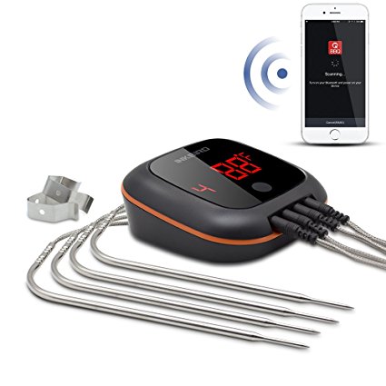 Inkbird Barbecue Thermometer Bluetooth Wireless 150 feet/50M Digital Cooking BBQ Oven Smoker Candy Grilling Magnetic Timer with Meat Probes 1000mAh Li-Battery USB Charging Cable (FOUR Probes)