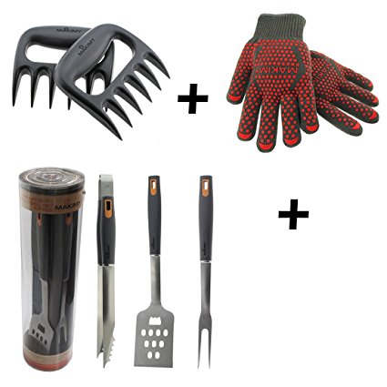 Makimy BBQ Tools + Gloves M + Meat Claws - 3-Piece Professional-Grade Heavy Duty EXTRA STRONG Stainless-Steel Barbecue Tool Set - Gift Box - Great for Boyfriend Gift