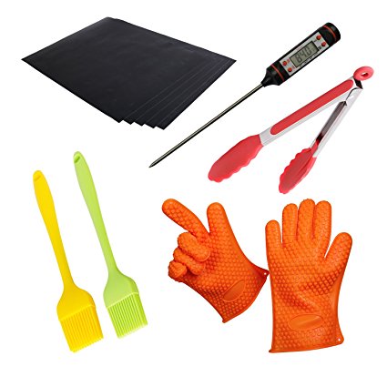 Leederson All-in-one BBQ and Grill Accessories That Will Make Your Grilling Better–One Pair of Gill Glove,Sillicone Basting Brush,Meat Thermometer,5 pcs of Grill Mat,One Grill Tong