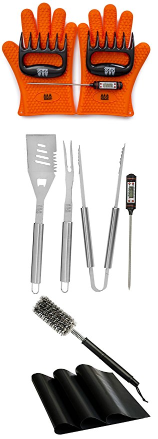 3 BBQ Gift Sets Combined! Set #1 -2 BBQ Gloves, 2 BBQ Meat Claws and 1 BBQ Meat Thermometer. Set #2 - BBQ Spatula, BBQ Fork, BBQ Tong and 1 BBQ Thermometer. Set #3 - 1 BBQ Brush and 3 BBQ Mats!