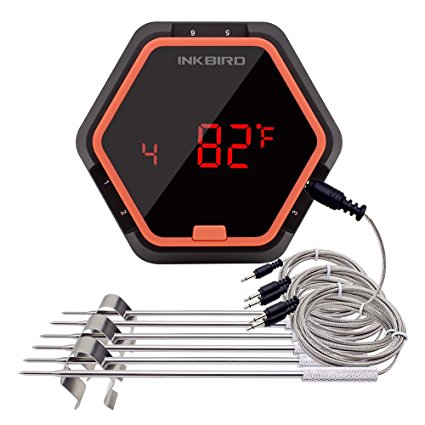 Inkbird Digital Wireless Bluetooth Cooking Meat Thermometer for BBQ Smoker Grill Oven (Thermometer w/ 6 probes, Orange)