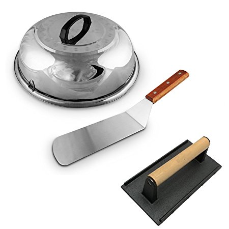 Large Cheese Melting Dome, Winco Flat Grill Melt Basting Cover Domes, Grill Lid Steam Cover, Heavy-Weight Cast Iron Grill Press/Hamburger Bacon Steak Grill Press + FREE Hamburger Turner Spatula