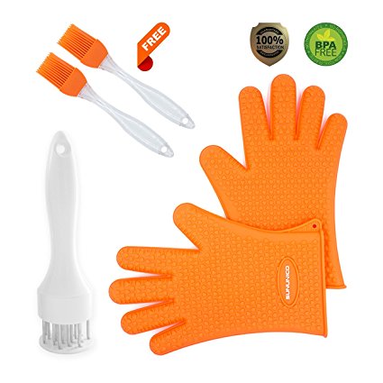 SUNUNICO Heat Resistant Gloves Set - BBQ Silicone Grilling Gloves/Meat Tenderizer Needle/2 Sauce Brushes, Kitchen Grilling Accessories for Cooking, Baking, Barbecue