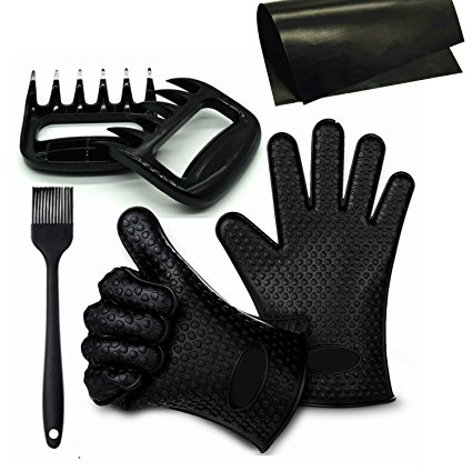 REXWAY 4 in 1 BBQ Grill Set with Non-Stick Baking Mats, Bear Claws, Silicone Glove & Basting Brush, Food Grade Grilling Tool Set for Indoor & Outdoor Cooking