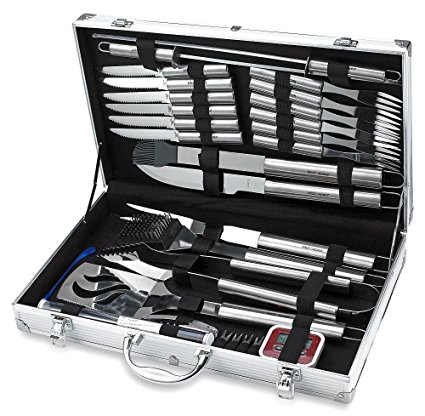 31 Piece Stainless Steel BBQ Accessories Tool Set - Includes Aluminum Storage Case for Barbecue Grill Utensils- By Kitch N' Wares