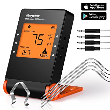 Morpilot Wireless Meat Thermometers for Grill Smoker, Bluetooth BBQ Grill Thermometer Smart Remote Digital Cooking Food with 4 Probes for Outdoor Grilling Smoker Oven Griddle Indoor Kitchen