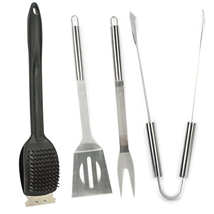 Premium 4-Piece Barbecue Grill Set, Stainless Steel Grilling Utensils, Heat Resistant Tool Handle, Dishwasher Safe, Accessories Include Spatula, Fork, Tongs & Scraper Brush (4 Piece Set)