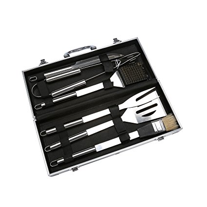 FGN Stainless Steel Heavy Duty Professional Grade 6 Pieces Bbq Tool Set with Protective Case, Grill Accessories Includes Spatula, Grill Tongs,basting Brush,cleaning Brush,fork and Knife