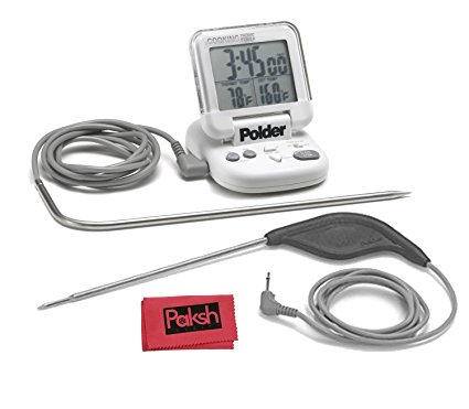 Digital timer and Meat Thermometer with Probe, For Cooking in Oven, Smoker, Grill or BBQ , Gray Color with Ultra Replacement Probe (White) - Bundled with Cloth