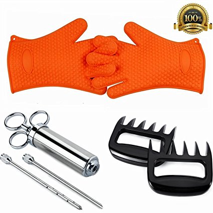 Bigear Stainless Steel Seasoning Injector & Silicone Oven Gloves & Bear Claws - For Cooking,BBQ,Grilling,Baking,Roasting