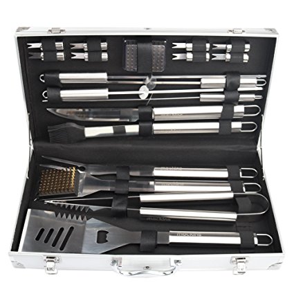 mockins Stainless Steel 19 Piece BBQ Grill Tool Set Includes A Variation Of Heavy Duty Barbecue Grilling Utensils With An Aluminum Carrying & Storage Case