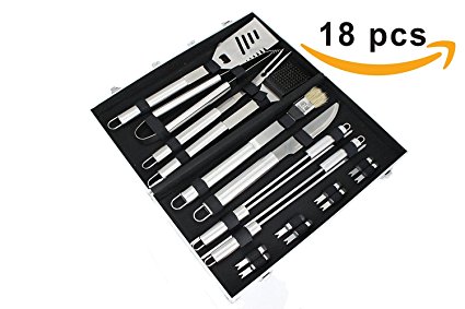 18 pc BBQ Grilling Set Case By KP Solutions | Durable Stainless Steel Construction | Knife Spatula, Fork, Long Knife, Power Tongs, Basting Brush, 8 Corn Holders, 4 Skewers, Cleaning Brush