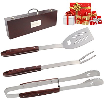 ROMANTICIST Heavy Duty BBQ Tools Set - 4PC Grill Tools Gift Kit with Extra Long Color Wood Handle - Stainless Steel Barbecue Grilling Utensils in Wood Carry Case - Premium Grilling Accessories for Men