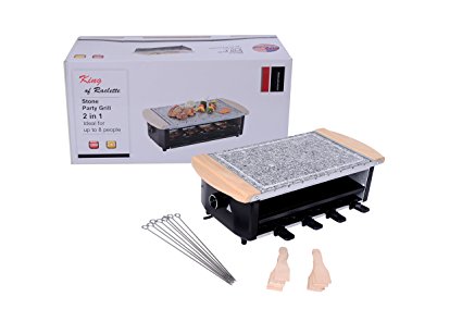 Raclette Party BBQ Grill with Granite stone Temperature Control Electric Nonstick BBQ Indoor / Outdoor Grill for up to 8 People 1200W, Includes 8 Paddles & 8 Skewers & 8 spatulas