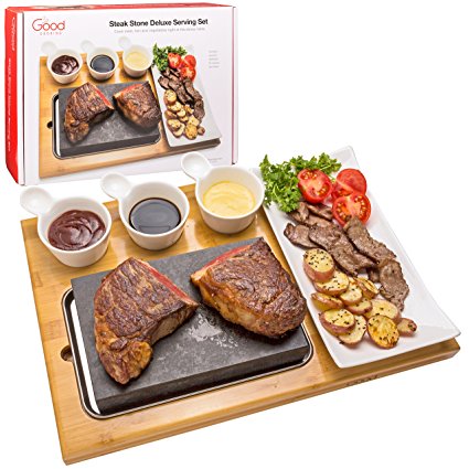 Cooking Stone- Lava Hot Steak Stone Plate and Cold Lava Rock Hibachi Grilling Stone w Ceramic Side Dishes and Bamboo Platter