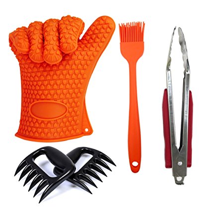 Enk BBQ Tool Set— Silicone Gloves Mitts - Pulled Pork Shredder Claws – 9 Inch Stainless Steel Locking Tongs with Silicone Pastry Basting Grill Barbecue Brush