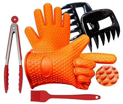 SUKKI Heat Resistant Grilling Oven Gloves Mitts Set BBQ Cooking Gloves with Meat Claw Shredder