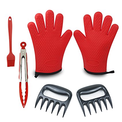 Barbecue Tool Set 4 in 1 including：2 Grilling Silicone Glove, 2 Bear Claw Meat Shredder, Silicone Baster Brush and Stainless Steel Food Tongs, Great for outdoor cooking, Grilling and Baking